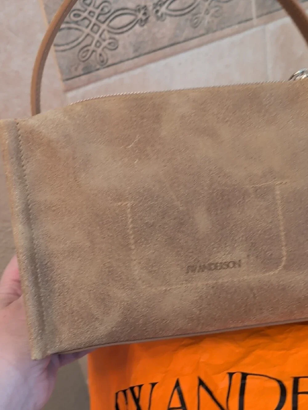 JW Anderson Small Loafer Bag Waxed Tan Gold Suede